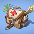Brown Leather Medical Kit With Red Cross Symbol Scroll Small Bottles And Green Herbs
