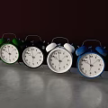 Colorful Alarm Clocks Green Black White Blue on Concrete Surface with Dark Background