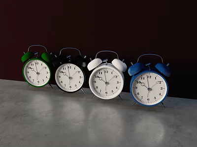 Colorful Alarm Clocks Green Black White Blue on Concrete Surface with Dark Background 3d model