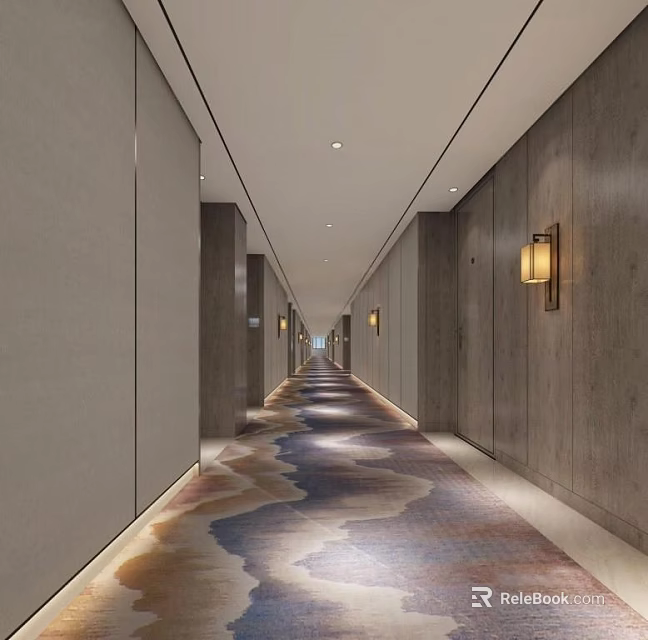 Hotel Corridor Modern Interior Design With Warm Wall Lighting And Elegant Patterned Carpet 3d model