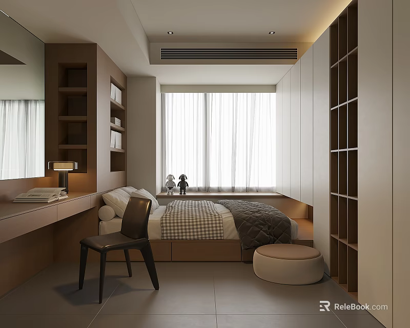 Tatami Bedroom Interior Design With Built in Storage Wooden Desk Chair And Wardrobe 3d model 