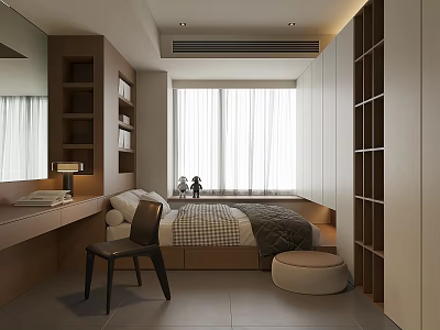 Tatami Bedroom Interior Design With Built in Storage Wooden Desk Chair And Wardrobe 3d model