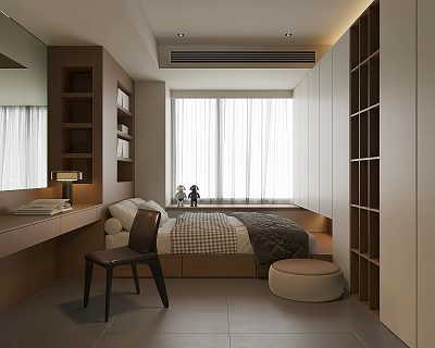 Tatami Bedroom Interior Design With Built in Storage Wooden Desk Chair And Wardrobe 3d model