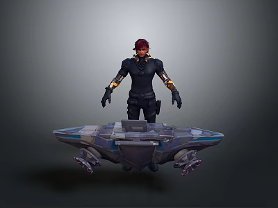 Futuristic Sci-Fi Character With Red Hair Standing By Alien Creature On Flying Vehicle 3d model