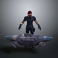 Futuristic Sci-Fi Character With Red Hair Standing By Alien Creature On Flying Vehicle