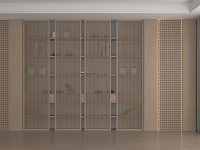 Modern Wooden Open Storage Cabinet Shelf with Grid Design and Multiple Layers 3d model