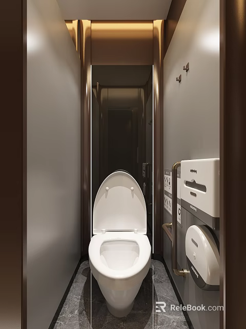 Hotel Bathroom Interior Design With White Toilet And Storage Cabinets 3d model 