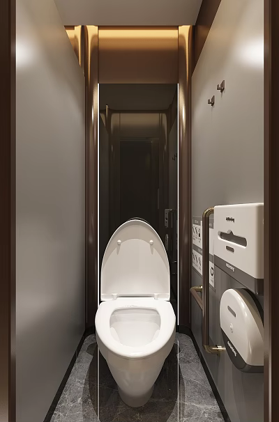 Hotel Bathroom Interior Design With White Toilet And Storage Cabinets 3d model