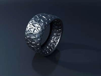 Modern Black Metal Ring With Intricate Geometric Carved Pattern And Sculptural Design 3d model