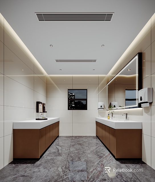 Modern Pantry Interior With Double Sinks White Countertops Brown Cabinets Mirror And Ceiling Lighting 3d model 