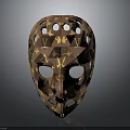 Ornamental Weapon Mask with Brown Base Featuring Intricate Gold Pattern and Eye Nose Holes