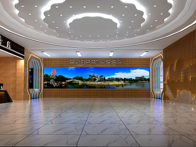 Modern Front Desk Reception Area With Large Scenic Screen And Marble Floor Interior Design 3d model