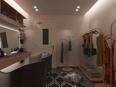 Modern Dressing Room Interior With Mirror Dressing Table Clothes Rack And Chair 3d model