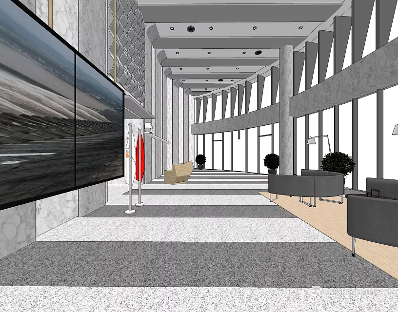 Modern Reception Desk in Lobby With Sofa Chairs Large Screen Plants and Natural Light Windows 3d model 