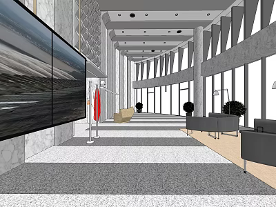 Modern Reception Desk in Lobby With Sofa Chairs Large Screen Plants and Natural Light Windows 3d model