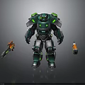 Green And Silver Mech Standing With Small Robots On Dark Background 3d model
