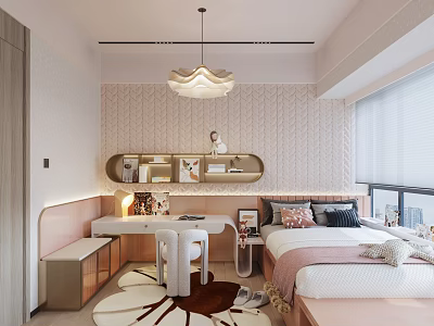 Modern Cozy Bedroom Interior With Comfortable Bed Study Desk Textured Wallpaper And Stylish Pendant Light 3d model