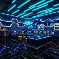 Modern KTV Interior With Blue Neon Lighting Large Screen And Comfortable Sofa
