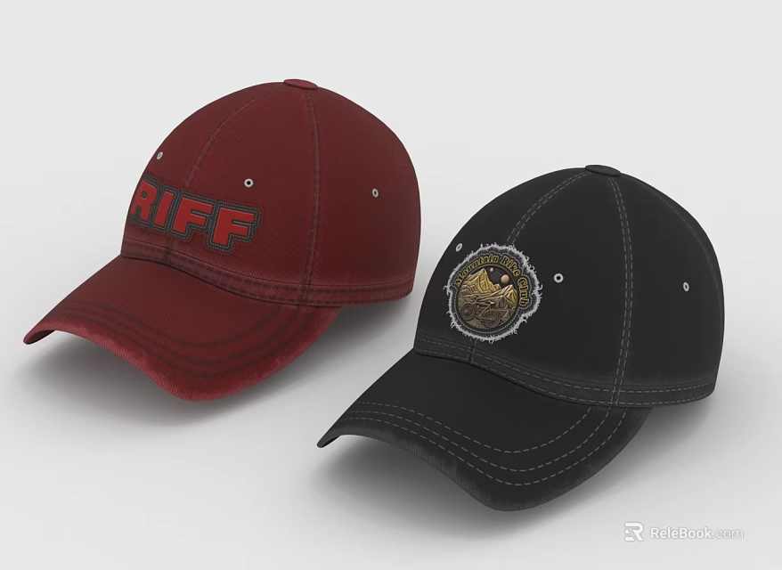 Two Stylish Hats Red With RIFF Lettering And Black With Circular Design 3d model 