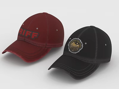 Two Stylish Hats Red With RIFF Lettering And Black With Circular Design 3d model