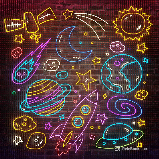 Neon Style Space Themed Decorative Lights with Planets Rockets Moon Stars and Brick Wall 3d model 