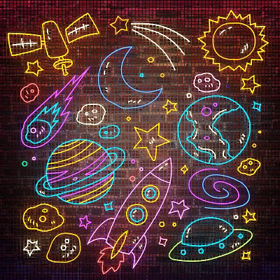 Neon Style Space Themed Decorative Lights with Planets Rockets Moon Stars and Brick Wall 3d model