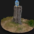 Small Blue Two Story House Model With Windows Door And Stairs On A Tree Stump