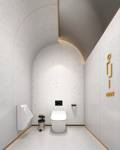 Modern Public Restroom Interior With White Speckled Walls Toilet Urinal And Men's Sign 3d model