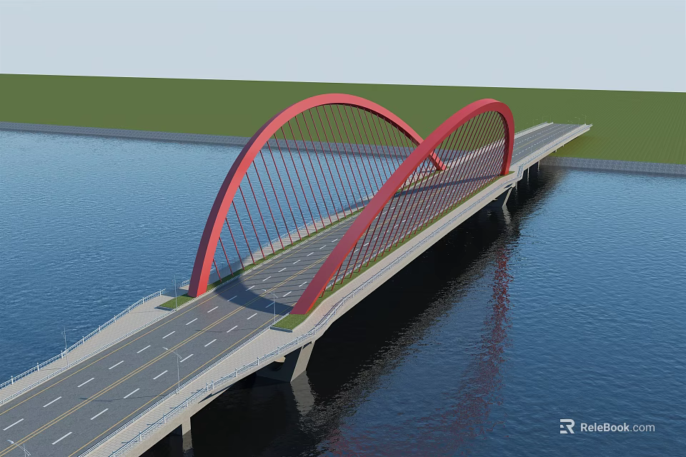 Red Arch Bridge Spanning Over Water With Roadway Green Grass And Calm Water Reflection 3d model 