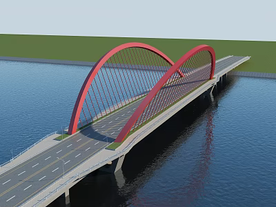 Red Arch Bridge Spanning Over Water With Roadway Green Grass And Calm Water Reflection 3d model