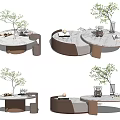 Modern Coffee Table Interior Design With Round Marble Top And Bronze Frame With Decorative Plants