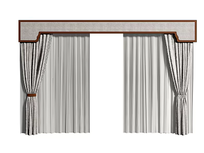 Light Colored Double Layer Curtains With Wooden Valance And Patterned Inner Tiebacks 3d model