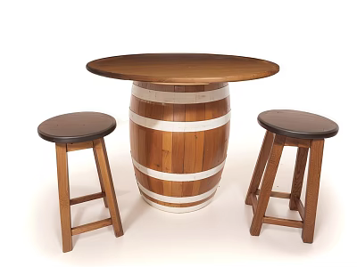 Round Wooden Barrel Shaped Dining Table Set With White Stripes Two Stools And Black Seats 3d model