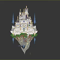 Cartoon Fantasy Floating Castle With Purple Gold Towers Blue Spires And Green Vegetation