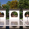 Chinese Garden Wall With Circular Arches Traditional Roof Green Trees And People Nearby
