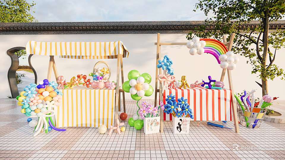 Outdoor Kids Party Setup With Colorful Balloons Striped Tent And Rainbow Decorations 3d model 