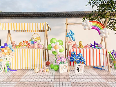 Outdoor Kids Party Setup With Colorful Balloons Striped Tent And Rainbow Decorations 3d model
