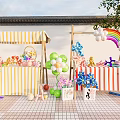 Outdoor Kids Party Setup With Colorful Balloons Striped Tent And Rainbow Decorations