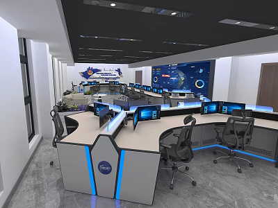 Modern Control Room Interior With Multiple Monitoring Screens Control Consoles And Office Chairs 3d model
