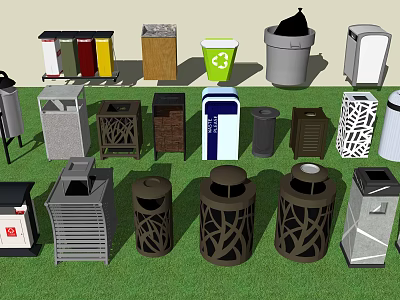 Public Facilities Assorted Outdoor Trash Bins Featuring Different Shapes And Materials 3d model