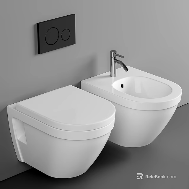 White Wall Mounted Toilet With Bidet And Black Control Panel In Modern Bathroom 3d model 