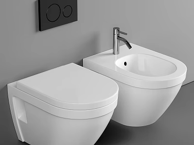 White Wall Mounted Toilet With Bidet And Black Control Panel In Modern Bathroom 3d model