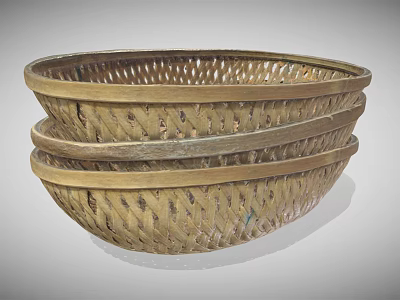 Handmade Natural Wicker Storage Baskets Stacked for Practical Household Use 3d model