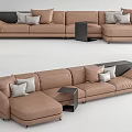 Modern Brown Sectional Sofa With Multiple Pillows And Black Side Table 3d model