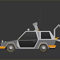 Low Poly Style Gray And Orange Car With Roof Antenna Small House And Yellow Headlights