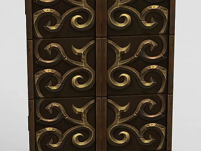 Technology Exhibition Hall With Dark Brown Wooden Panels Featuring Gold Spiral Patterns And Intricate Decorations 3d model