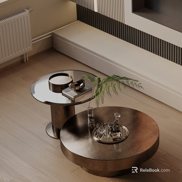 Modern Sofa and Coffee Table Set With Round Metal Tables Decorative Tray Books Plant Glassware 3d model 