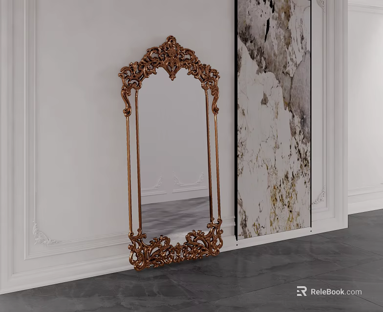 Ornate Gold Carved Mirror Standing by White Wall With Decorative Textured and Dark Wooden Floor 3d model 