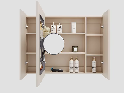 Modern Wall Mounted Bathroom Cabinet With Round Mirror And Skincare Storage Shelves 3d model