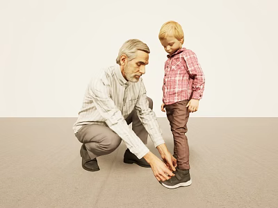 Elderly Man And Young Boy Tying Shoelaces Together In Indoor Setting With Light Wall And Gray Floor 3d model
